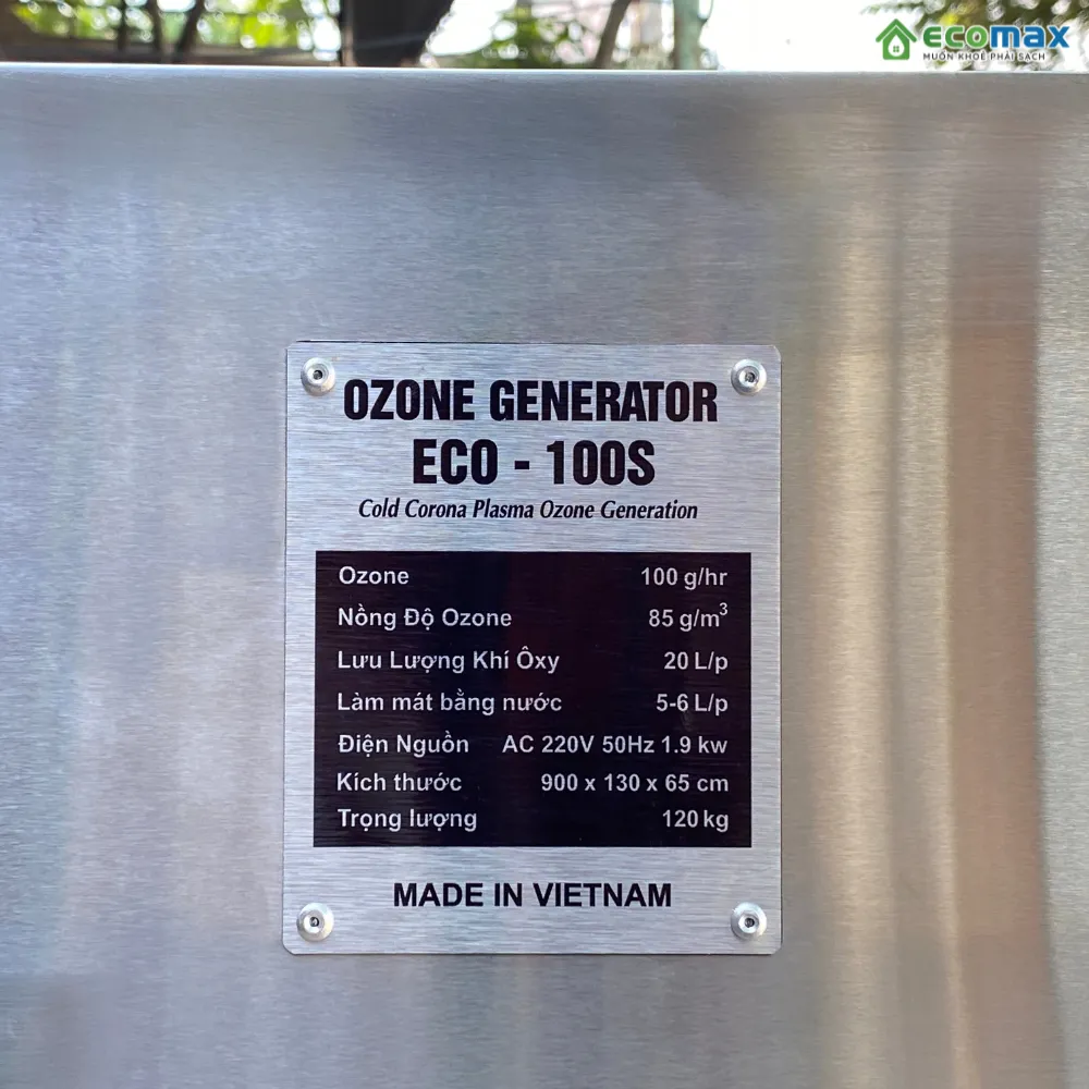 Tem thông số kỹ thuật Máy tạo khí Ozone công nghiệp 100g ECO-100S Ecomax