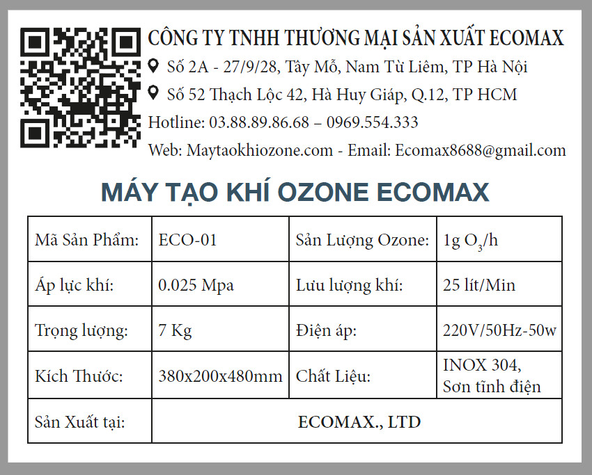 thông số kỹ thuật máy ozone 1g/h ecomax