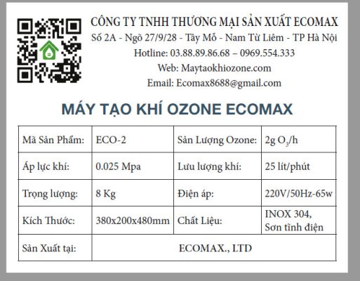 Thông số kỹ thuật máy tạo ozone 2g/h Ecomax