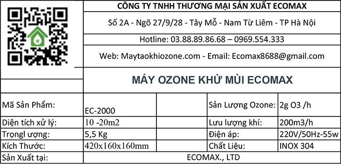 Thông số kỹ thuật máy khử mùi 2g