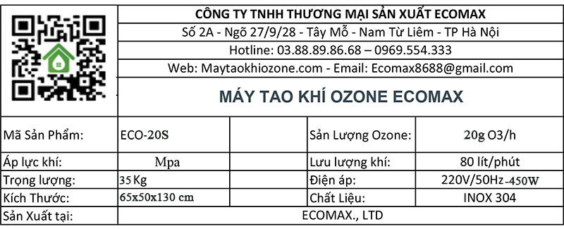 thông số kỹ thuật máy ozone 20g