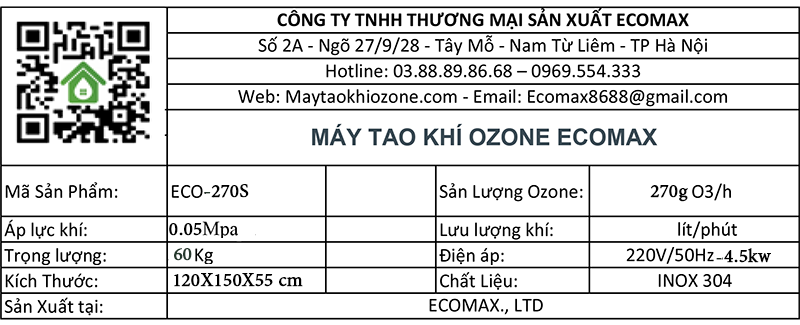 Thông số kỹ thuật máy ozone
