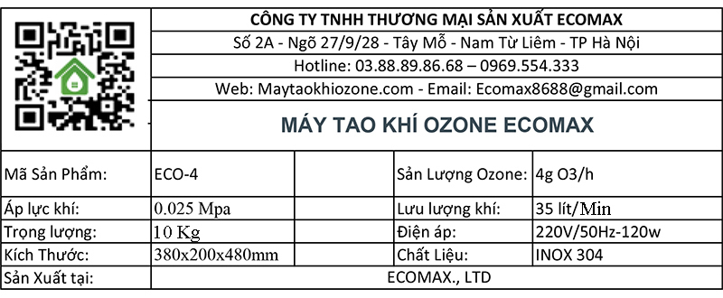 thông số kỹ thuật máy ozone công suất 4g Ecomax